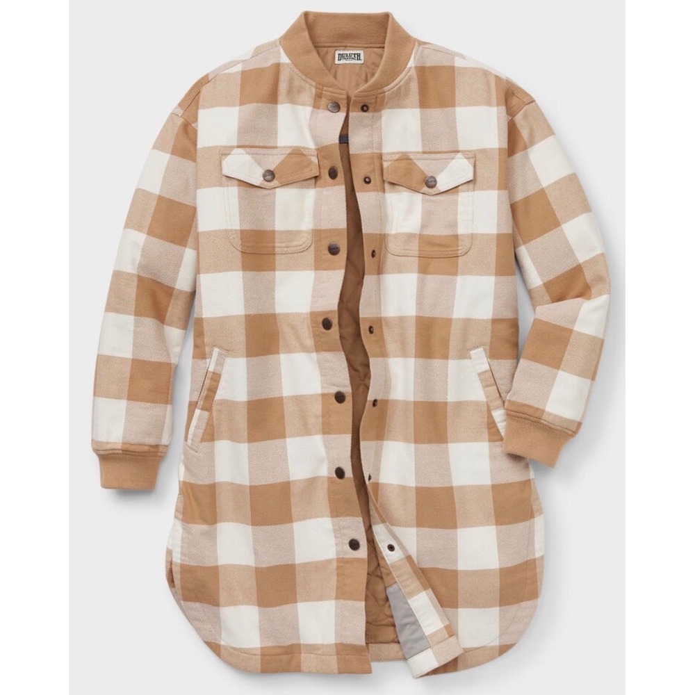 Duluth Trading Co Folklore Flannel Insulated Duster Jacket Tan White Plaid M